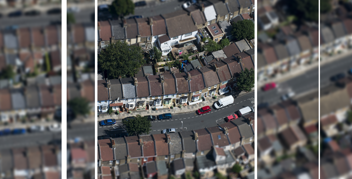 Aerial view of residential properties