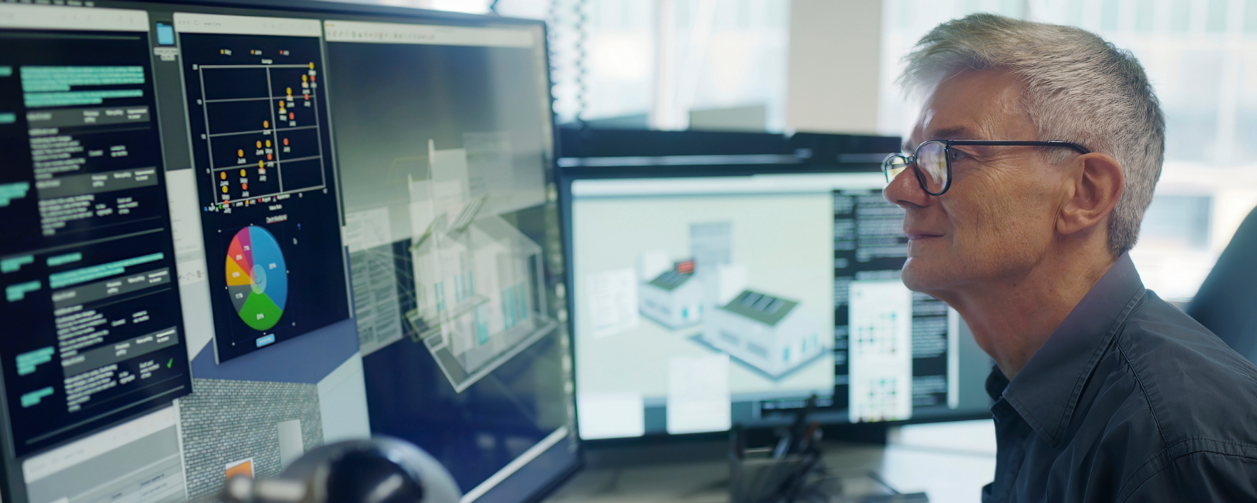 man working on a CAD design of an Eco house with associated data on screen